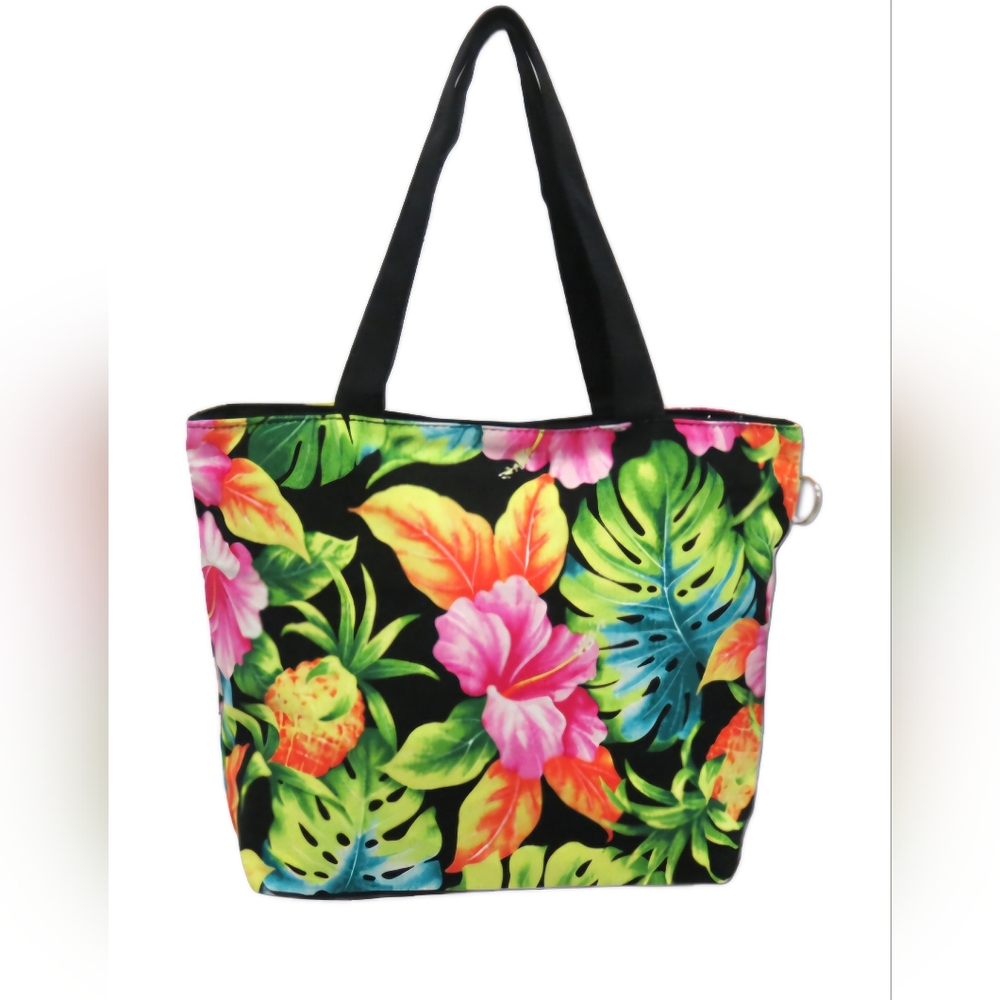 Pua Pineapples Small Tote, Hawaii, Flowers, Tropical, Black, Multicolor, NWT